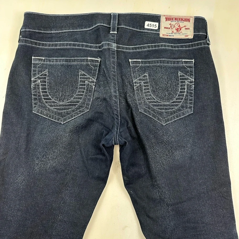 EUC True Religion Men's Tag 38 Dark Blue Moto Stretch Jeans 42x34‎ Thick Stitch